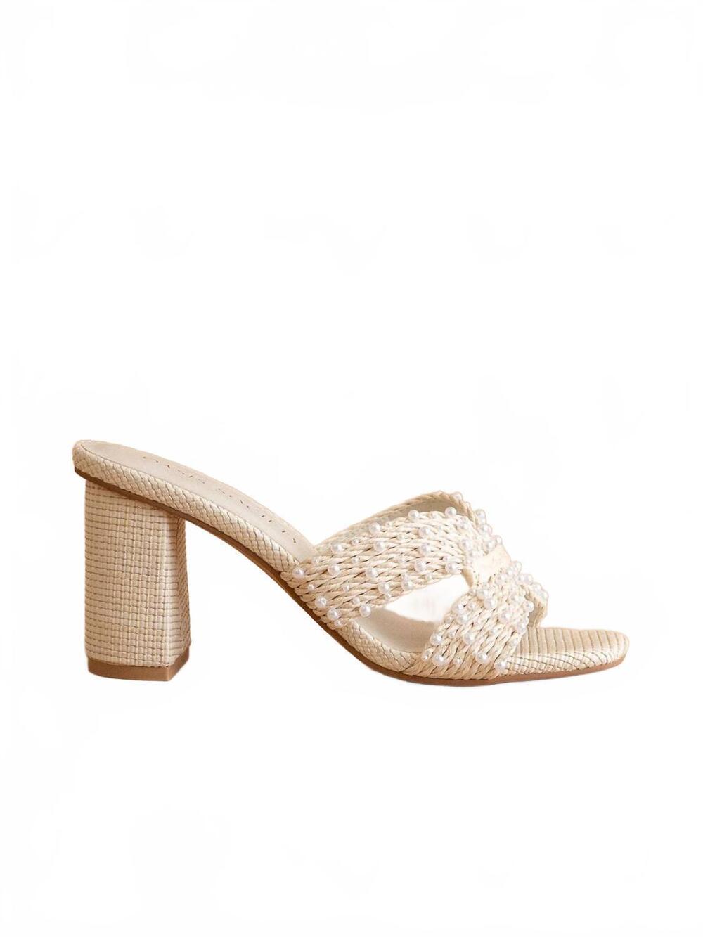 NEW OASIS SOCIETY women's tiara pearl embroidered raffia block heel in white